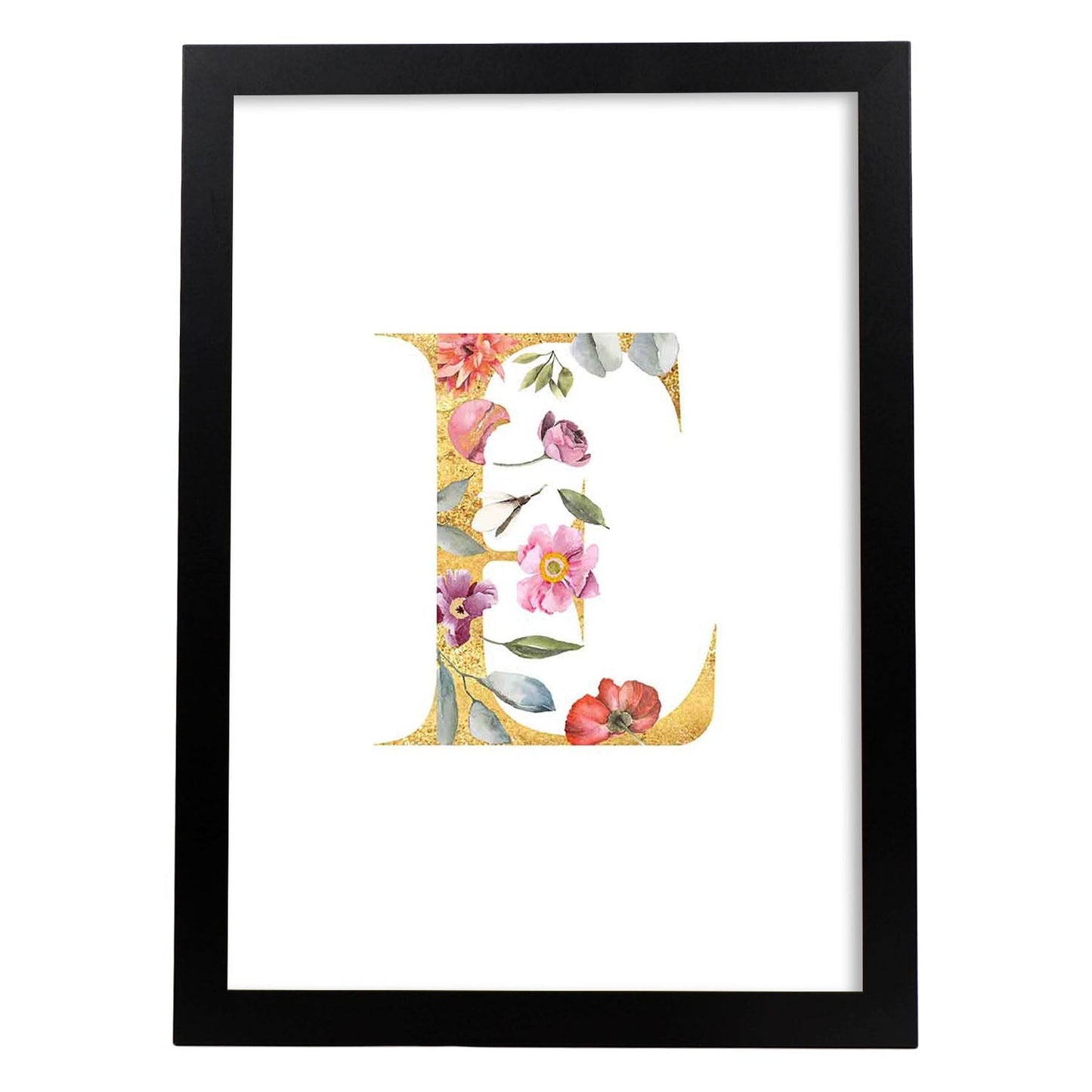 Poster de letra E. Lámina estilo Dorado Rosa con imágenes del alfabeto.-Artwork-Nacnic-A3-Marco Negro-Nacnic Estudio SL