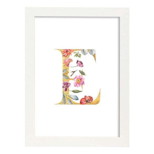 Poster de letra E. Lámina estilo Dorado Rosa con imágenes del alfabeto.-Artwork-Nacnic-A4-Marco Blanco-Nacnic Estudio SL