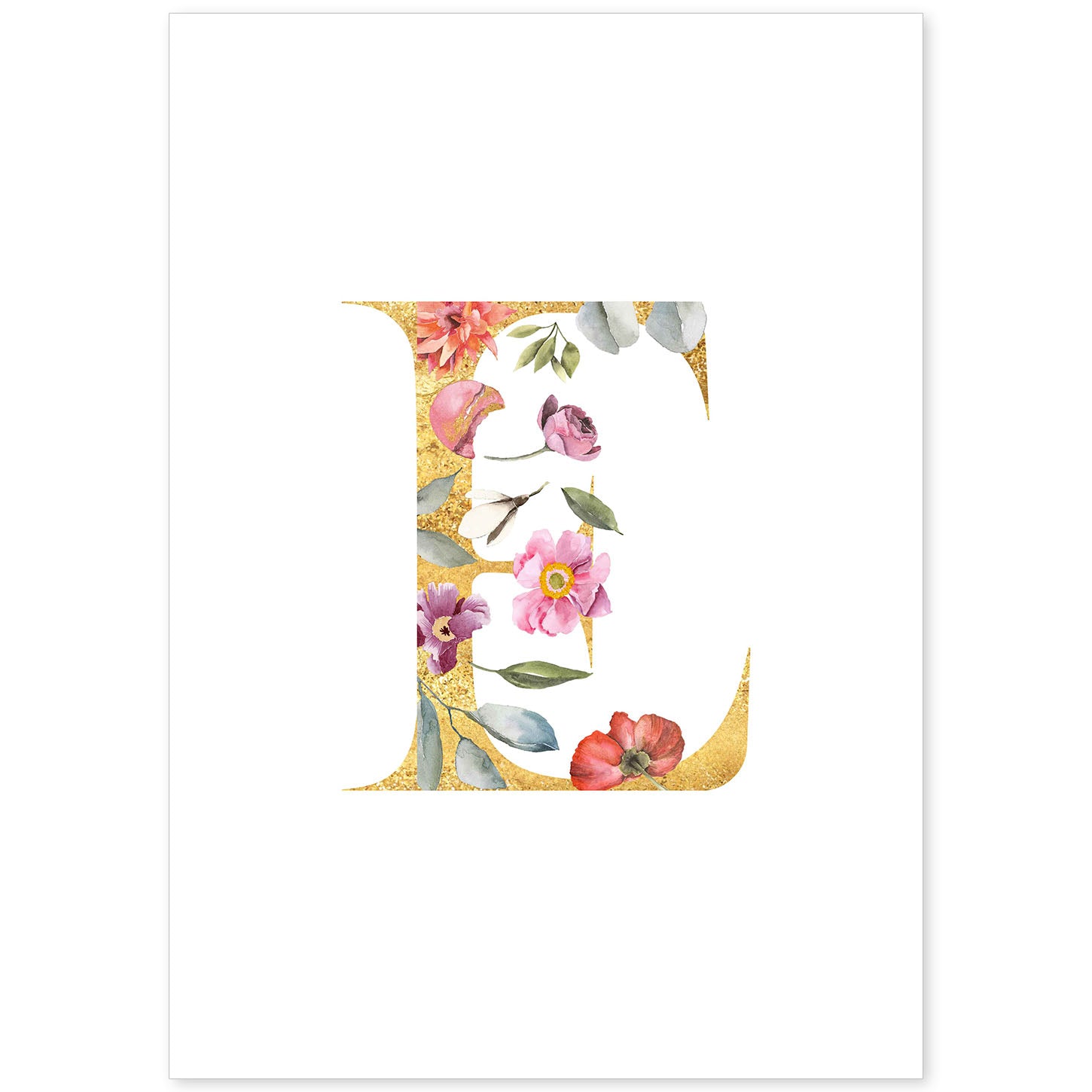 Poster de letra E. Lámina estilo Dorado Rosa con imágenes del alfabeto.-Artwork-Nacnic-A4-Sin marco-Nacnic Estudio SL