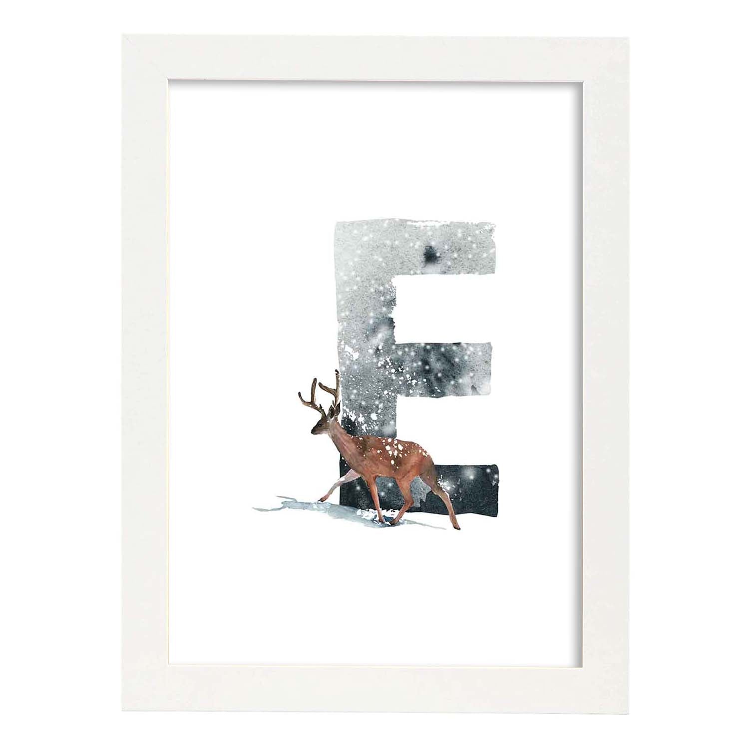 Poster de letra E. Lámina estilo Invierno con imágenes del alfabeto.-Artwork-Nacnic-A3-Marco Blanco-Nacnic Estudio SL