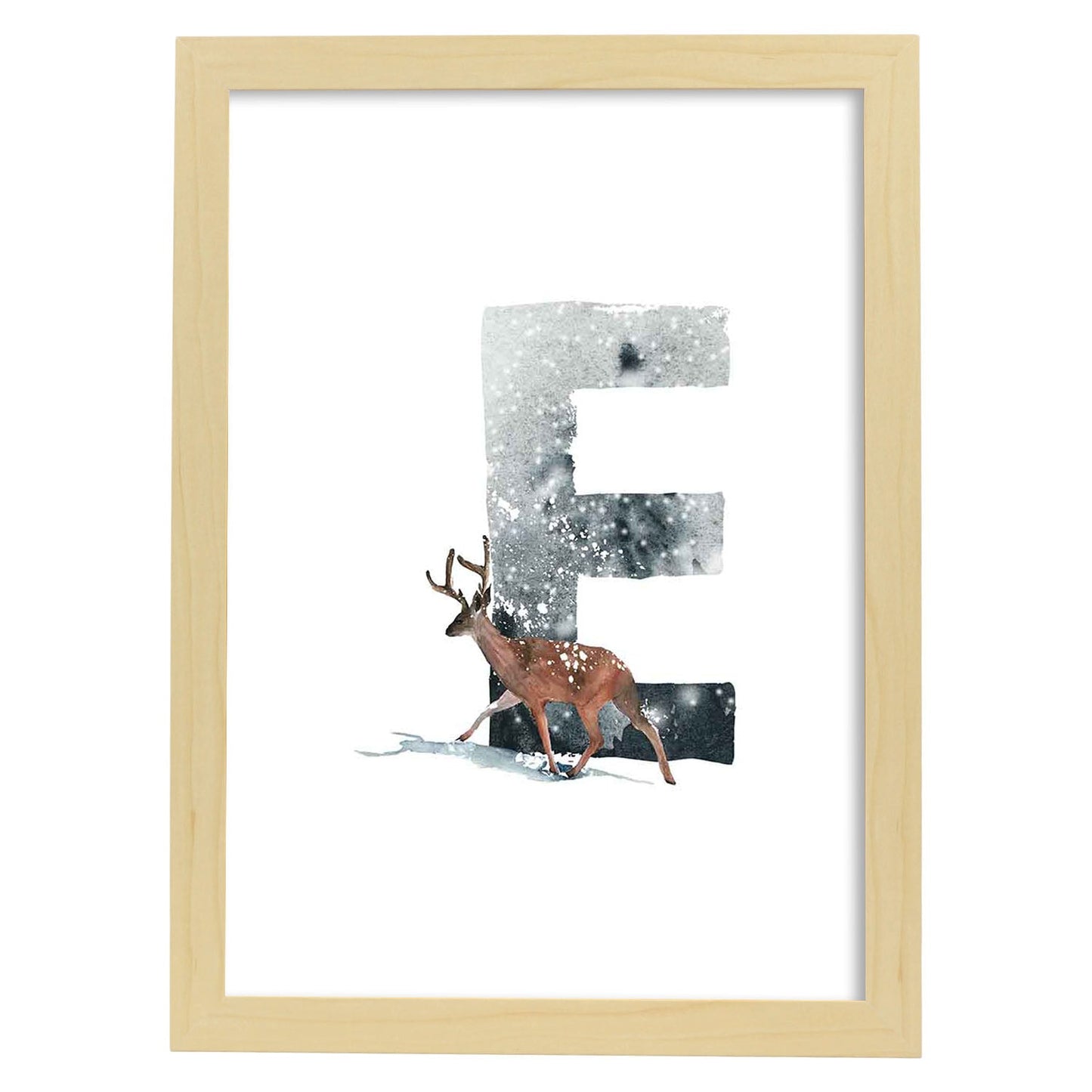Poster de letra E. Lámina estilo Invierno con imágenes del alfabeto.-Artwork-Nacnic-A3-Marco Madera clara-Nacnic Estudio SL