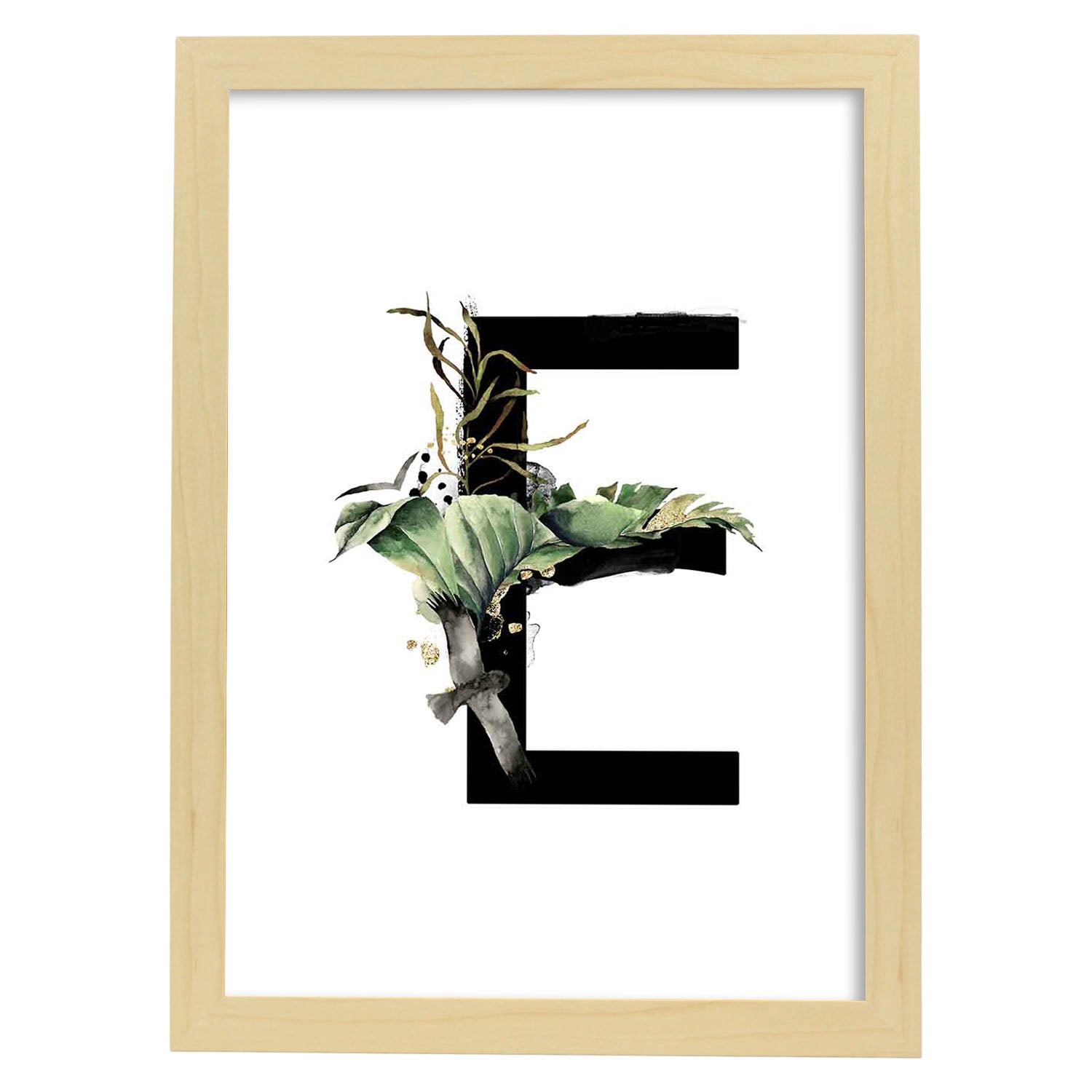 Poster de letra E. Lámina estilo Jungla Negra con imágenes del alfabeto.-Artwork-Nacnic-A3-Marco Madera clara-Nacnic Estudio SL