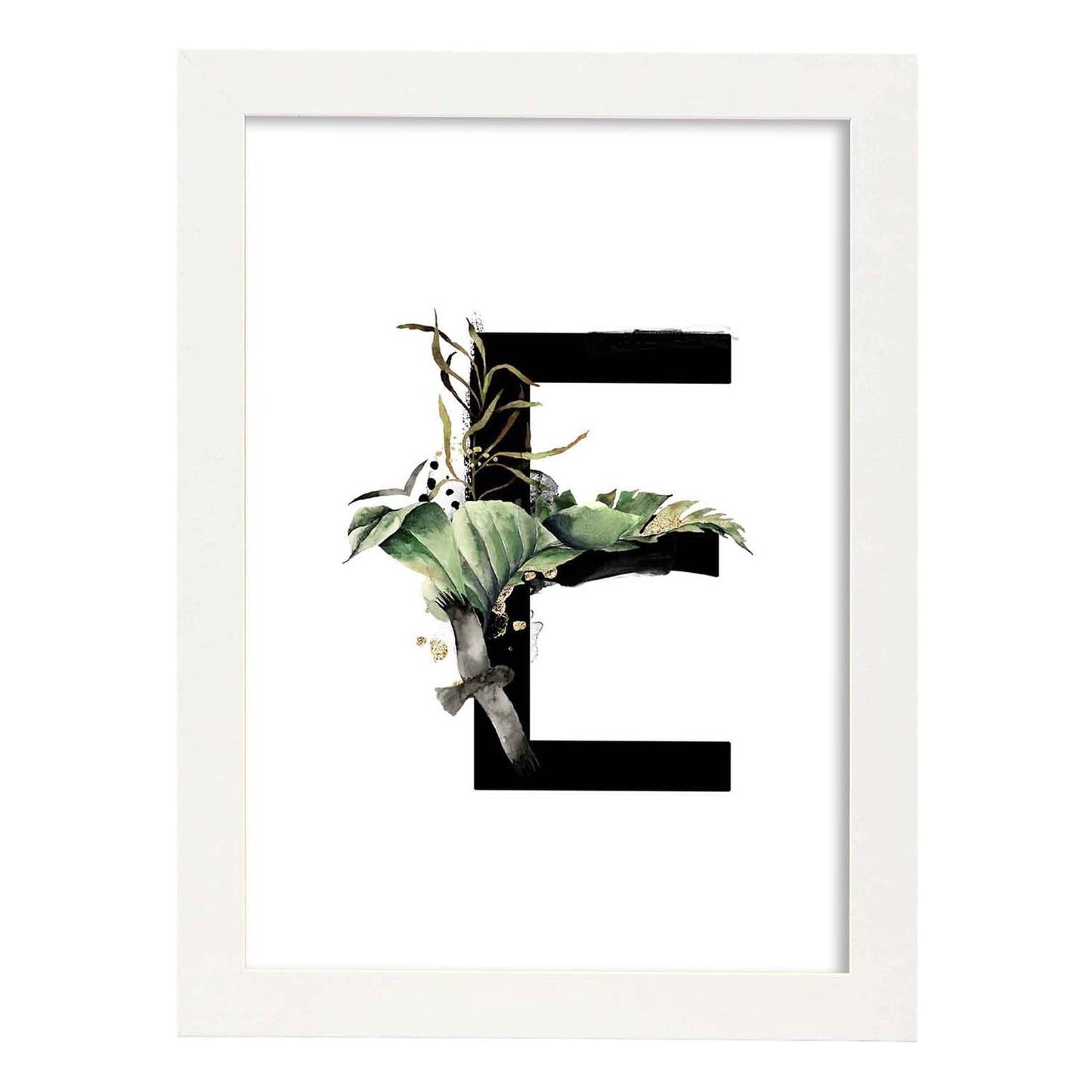 Poster de letra E. Lámina estilo Jungla Negra con imágenes del alfabeto.-Artwork-Nacnic-A4-Marco Blanco-Nacnic Estudio SL