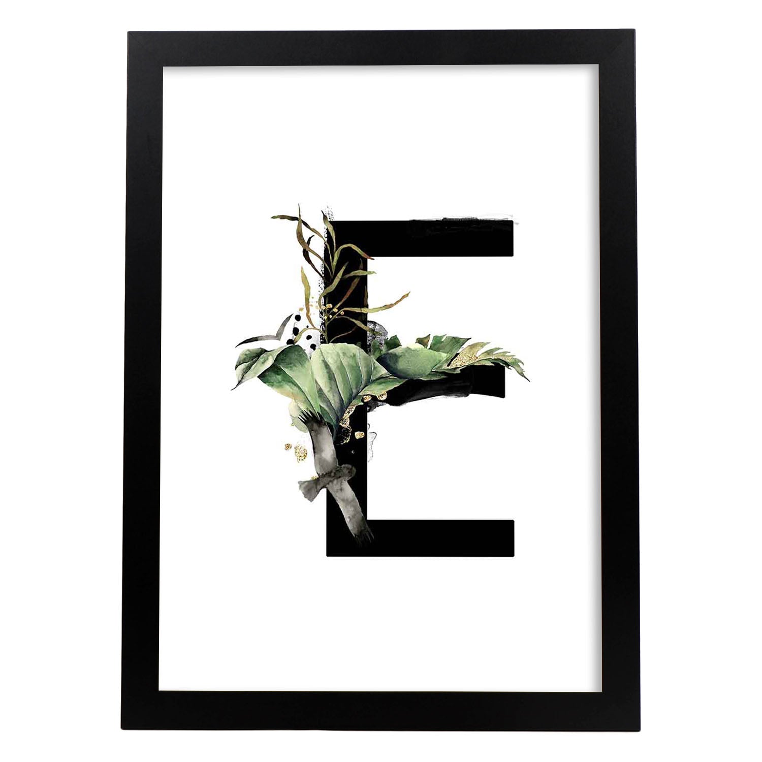 Poster de letra E. Lámina estilo Jungla Negra con imágenes del alfabeto.-Artwork-Nacnic-A4-Marco Negro-Nacnic Estudio SL