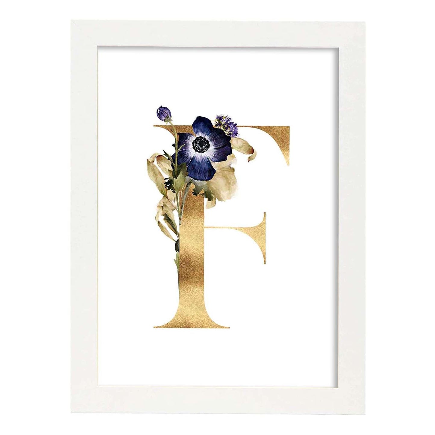 Poster de letra F. Lámina estilo Dorado Floral con imágenes del alfabeto.-Artwork-Nacnic-A3-Marco Blanco-Nacnic Estudio SL
