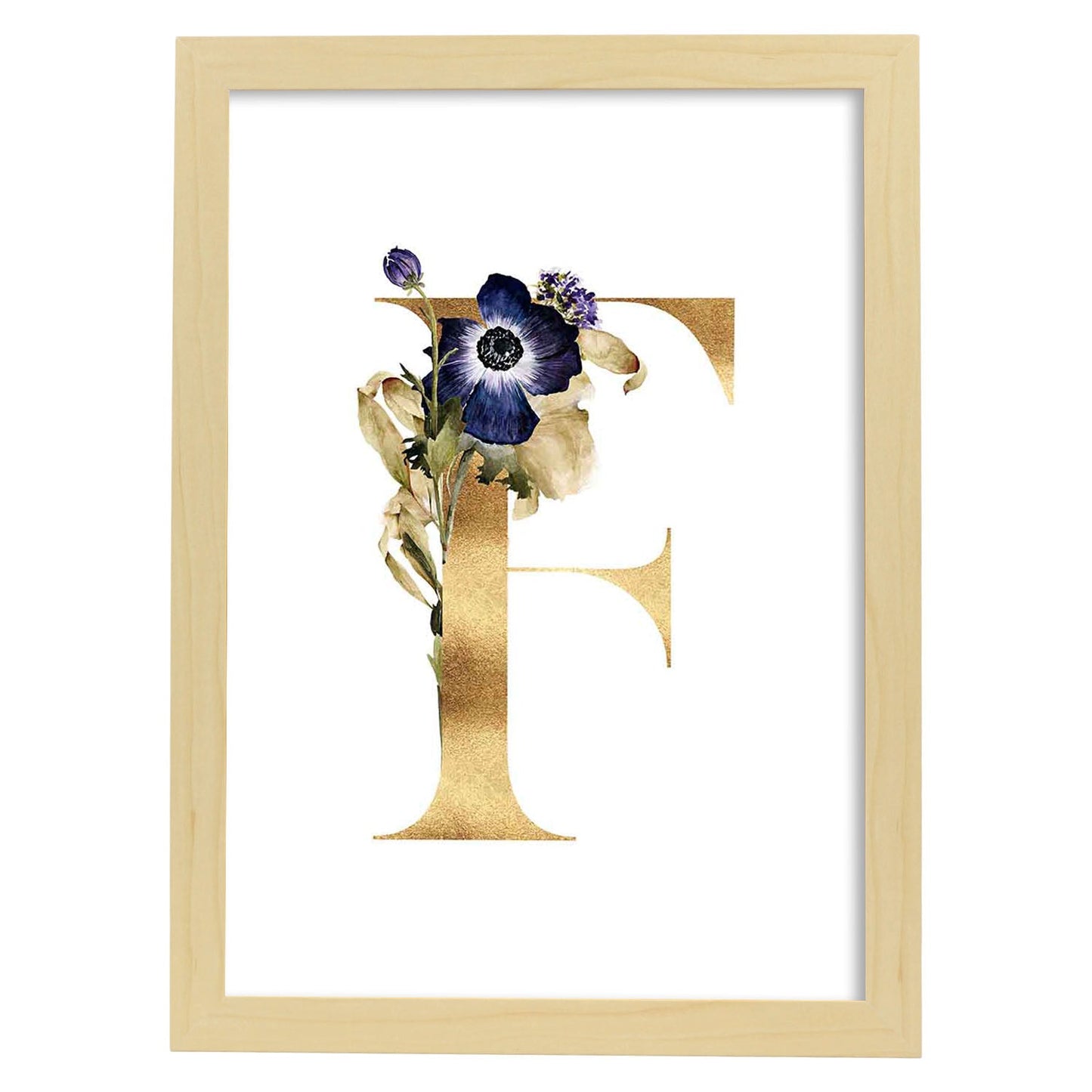 Poster de letra F. Lámina estilo Dorado Floral con imágenes del alfabeto.-Artwork-Nacnic-A3-Marco Madera clara-Nacnic Estudio SL