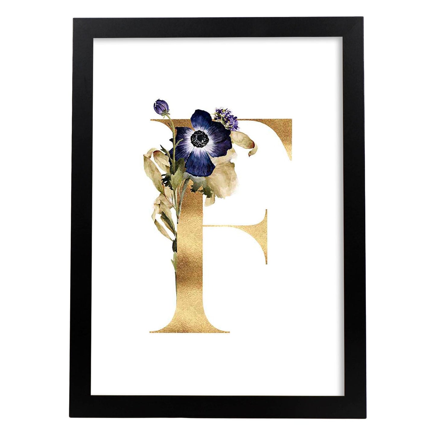 Poster de letra F. Lámina estilo Dorado Floral con imágenes del alfabeto.-Artwork-Nacnic-A3-Marco Negro-Nacnic Estudio SL