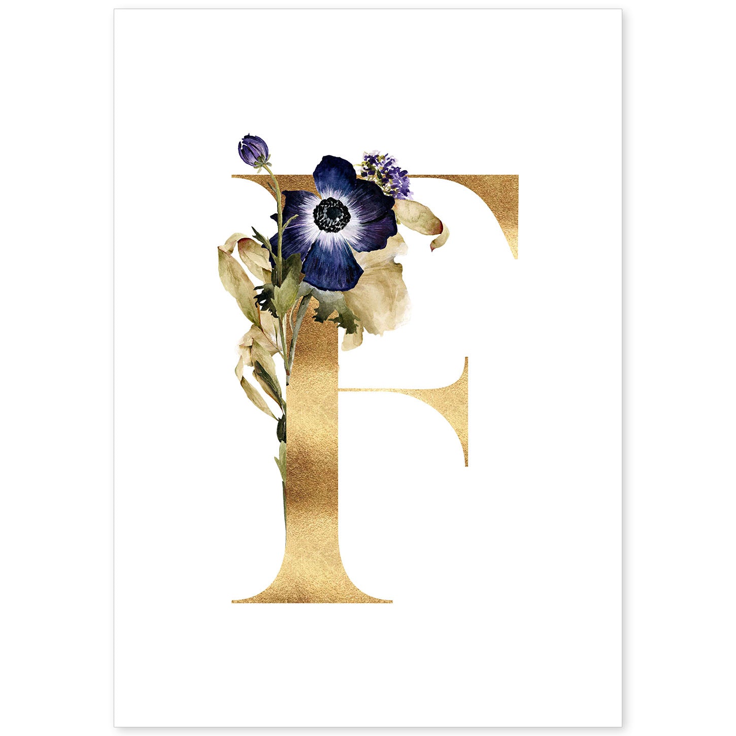Poster de letra F. Lámina estilo Dorado Floral con imágenes del alfabeto.-Artwork-Nacnic-A4-Sin marco-Nacnic Estudio SL