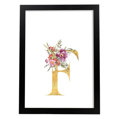 Poster de letra F. Lámina estilo Dorado Rosa con imágenes del alfabeto.-Artwork-Nacnic-A4-Marco Negro-Nacnic Estudio SL