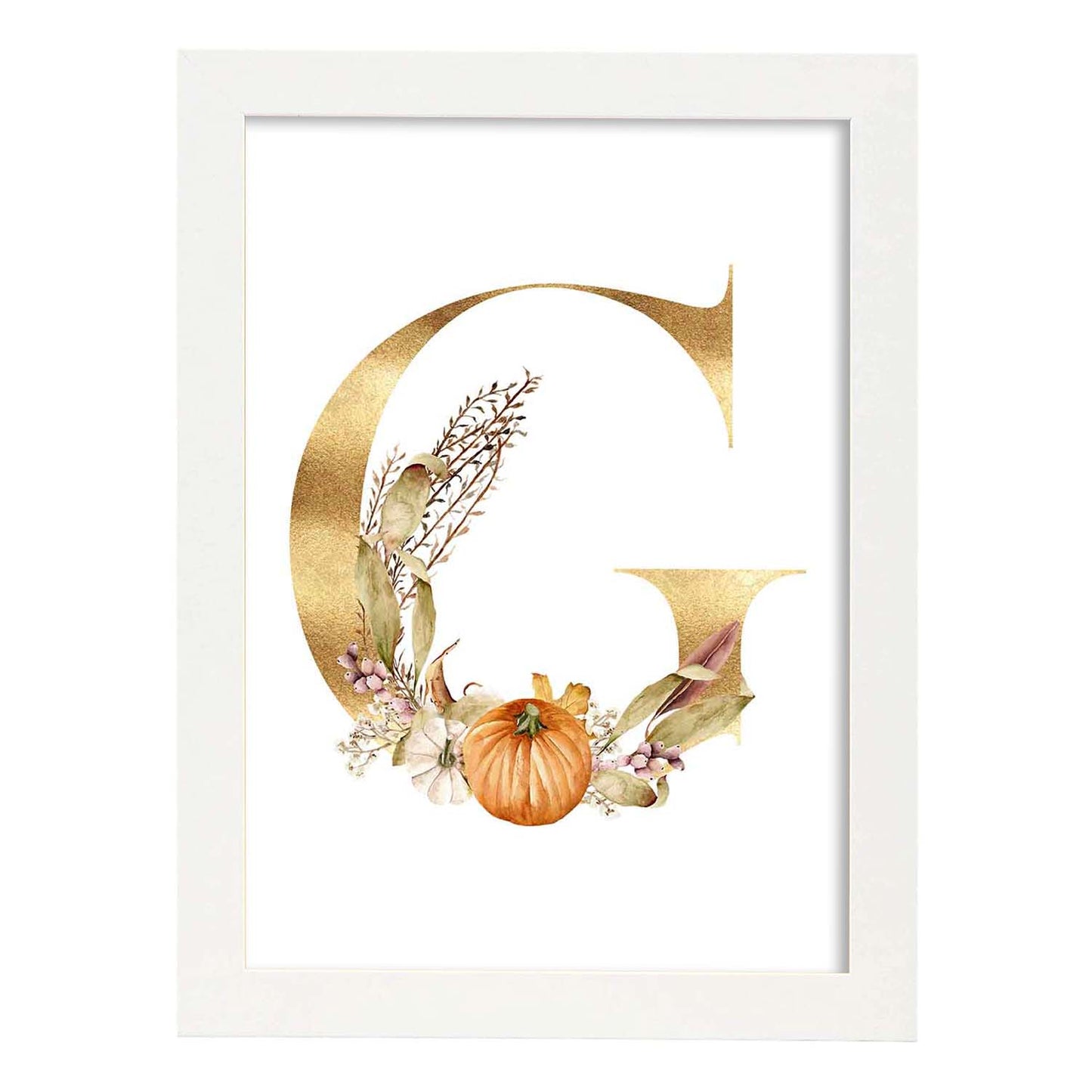 Poster de letra G. Lámina estilo Dorado Floral con imágenes del alfabeto.-Artwork-Nacnic-A3-Marco Blanco-Nacnic Estudio SL