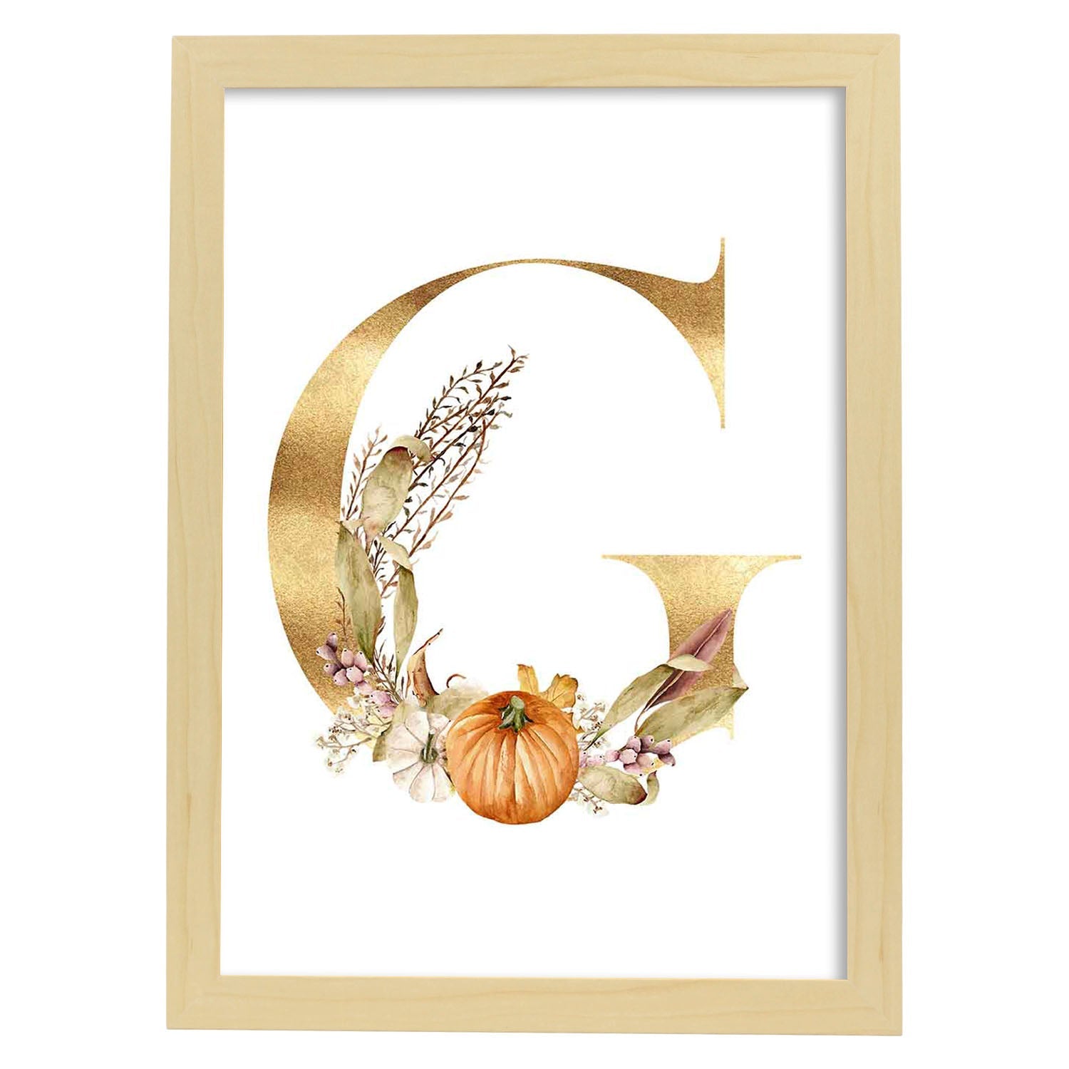 Poster de letra G. Lámina estilo Dorado Floral con imágenes del alfabeto.-Artwork-Nacnic-A3-Marco Madera clara-Nacnic Estudio SL