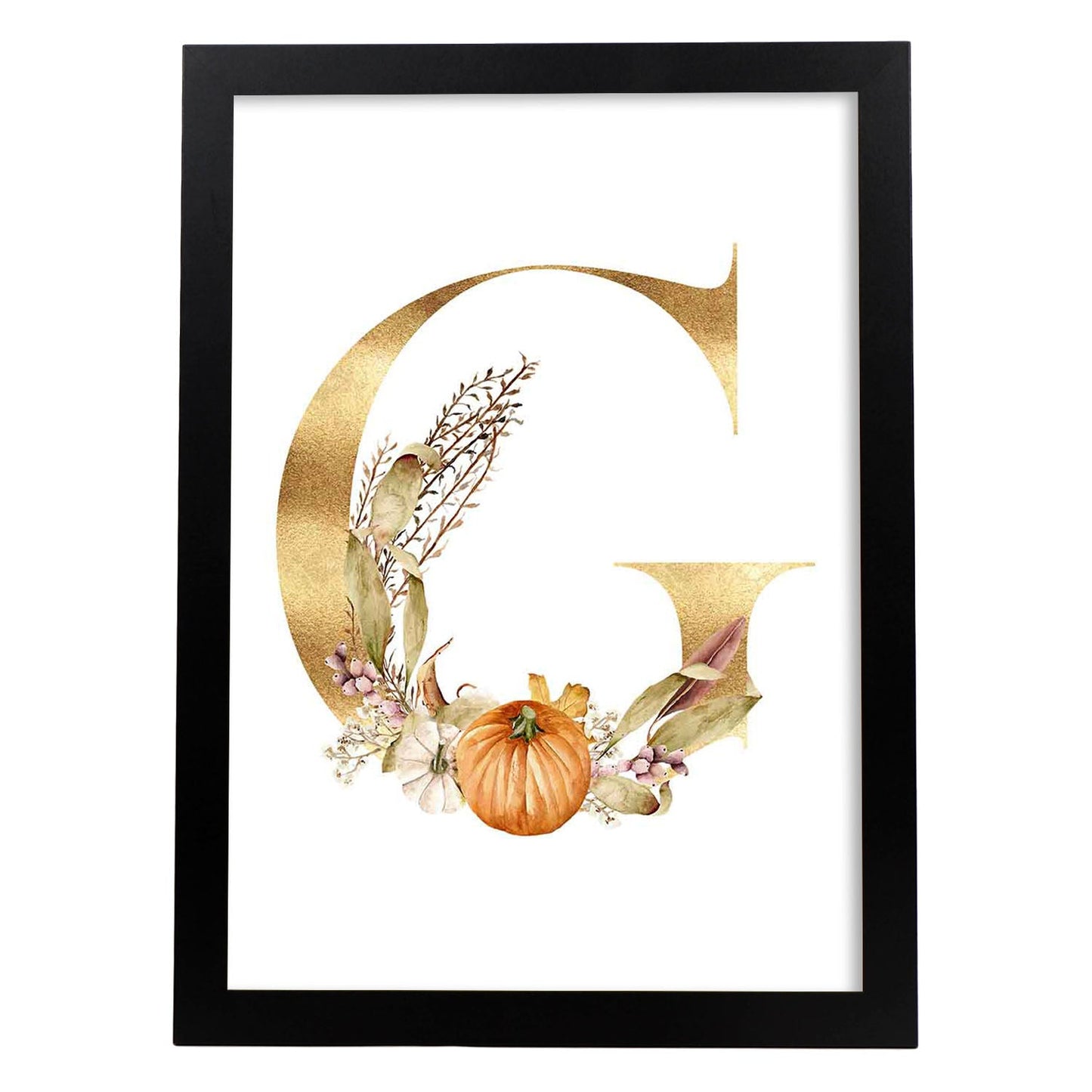 Poster de letra G. Lámina estilo Dorado Floral con imágenes del alfabeto.-Artwork-Nacnic-A4-Marco Negro-Nacnic Estudio SL