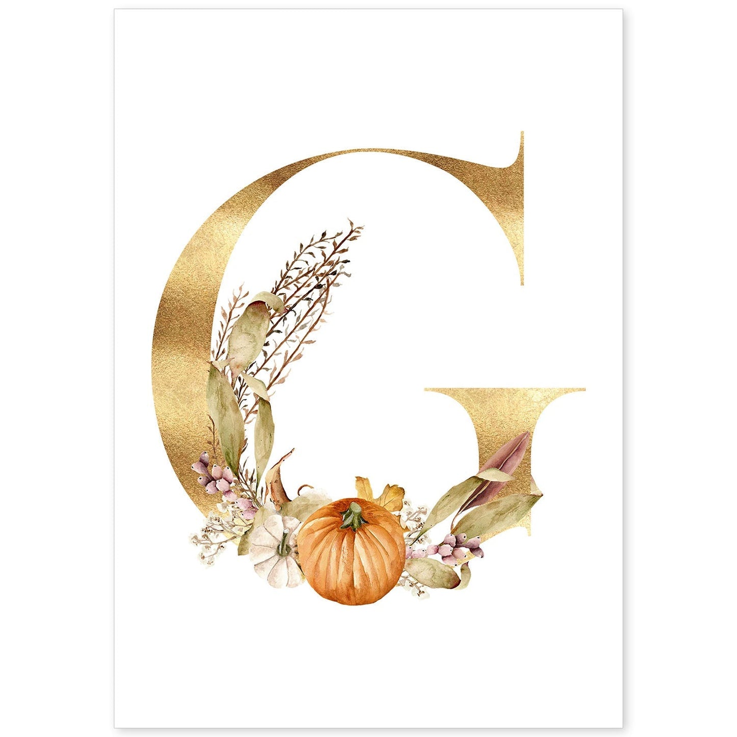 Poster de letra G. Lámina estilo Dorado Floral con imágenes del alfabeto.-Artwork-Nacnic-A4-Sin marco-Nacnic Estudio SL