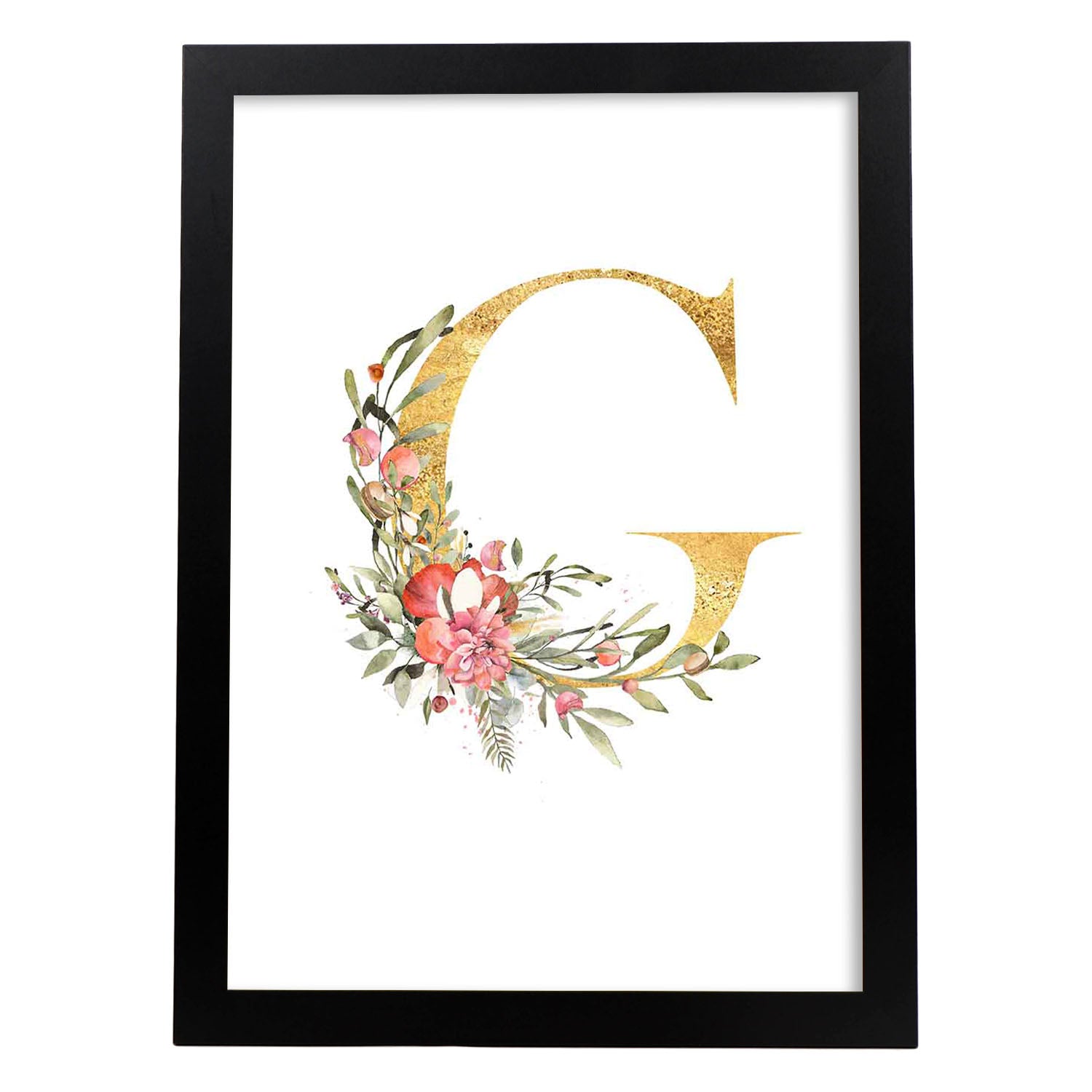 Poster de letra G. Lámina estilo Dorado Rosa con imágenes del alfabeto.-Artwork-Nacnic-A3-Marco Negro-Nacnic Estudio SL