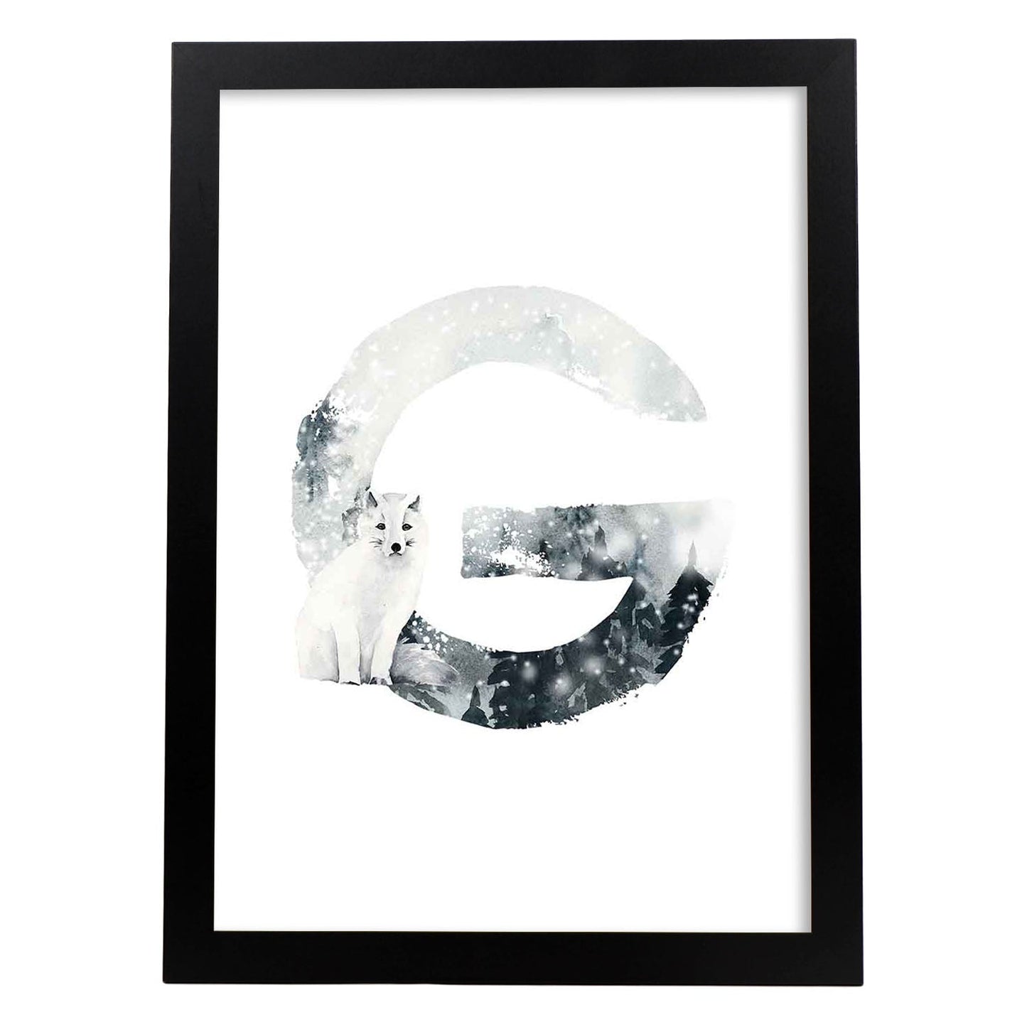 Poster de letra G. Lámina estilo Invierno con imágenes del alfabeto.-Artwork-Nacnic-A4-Marco Negro-Nacnic Estudio SL