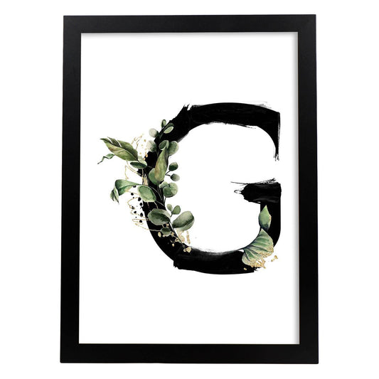 Poster de letra G. Lámina estilo Jungla Negra con imágenes del alfabeto.-Artwork-Nacnic-A4-Marco Negro-Nacnic Estudio SL