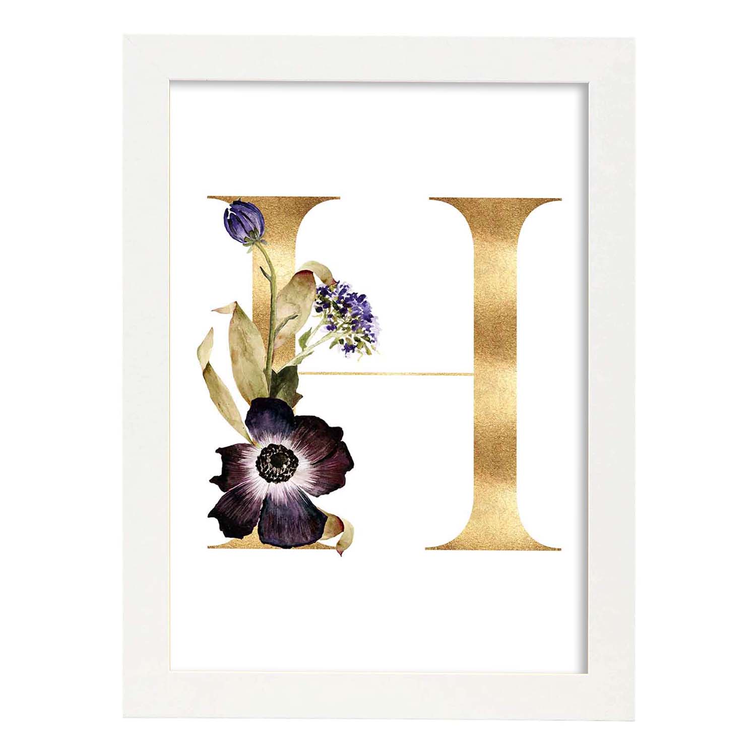 Poster de letra H. Lámina estilo Dorado Floral con imágenes del alfabeto.-Artwork-Nacnic-A3-Marco Blanco-Nacnic Estudio SL