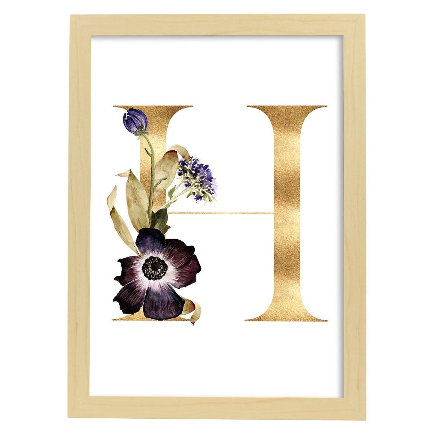 Poster de letra H. Lámina estilo Dorado Floral con imágenes del alfabeto.-Artwork-Nacnic-A3-Marco Madera clara-Nacnic Estudio SL