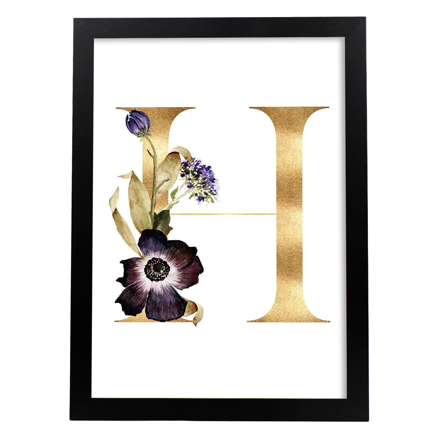 Poster de letra H. Lámina estilo Dorado Floral con imágenes del alfabeto.-Artwork-Nacnic-A3-Marco Negro-Nacnic Estudio SL