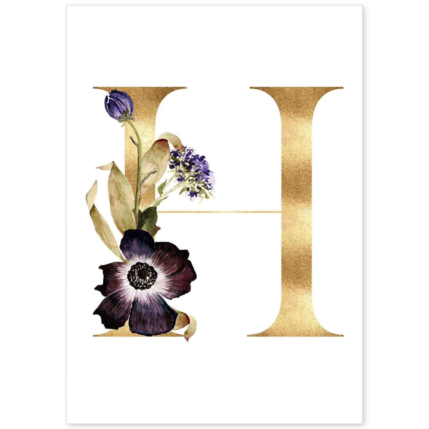 Poster de letra H. Lámina estilo Dorado Floral con imágenes del alfabeto.-Artwork-Nacnic-A4-Sin marco-Nacnic Estudio SL