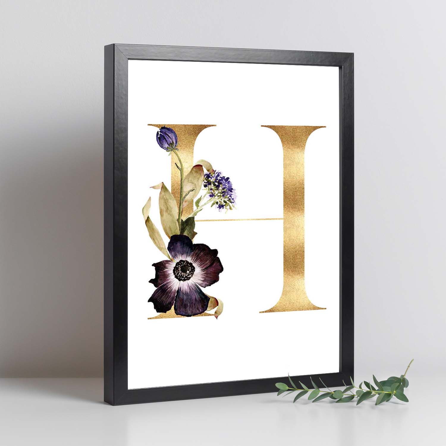 Poster de letra H. Lámina estilo Dorado Floral con imágenes del alfabeto.-Artwork-Nacnic-Nacnic Estudio SL