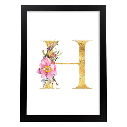 Poster de letra H. Lámina estilo Dorado Rosa con imágenes del alfabeto.-Artwork-Nacnic-A4-Marco Negro-Nacnic Estudio SL