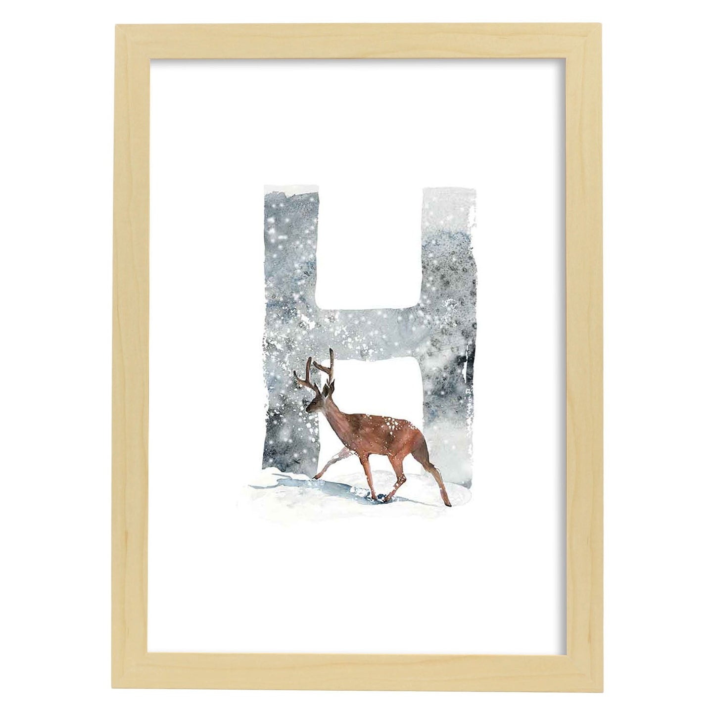 Poster de letra H. Lámina estilo Invierno con imágenes del alfabeto.-Artwork-Nacnic-A3-Marco Madera clara-Nacnic Estudio SL