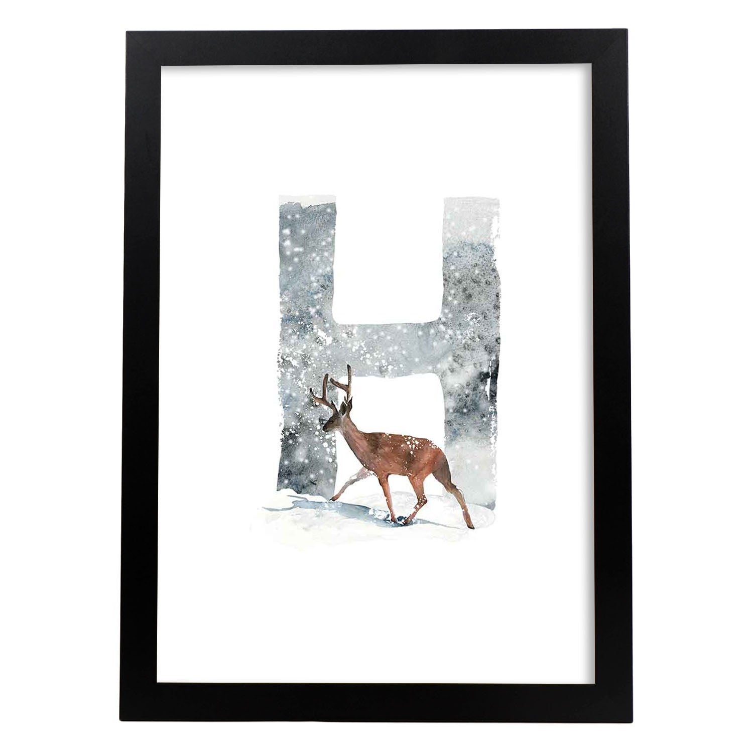 Poster de letra H. Lámina estilo Invierno con imágenes del alfabeto.-Artwork-Nacnic-A3-Marco Negro-Nacnic Estudio SL
