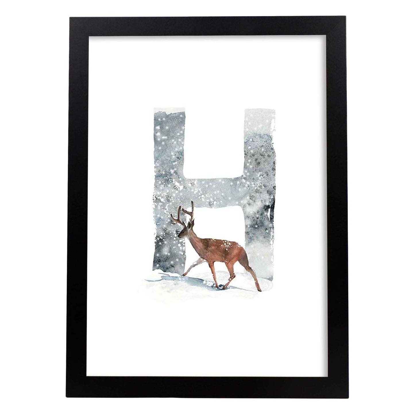 Poster de letra H. Lámina estilo Invierno con imágenes del alfabeto.-Artwork-Nacnic-A4-Marco Negro-Nacnic Estudio SL