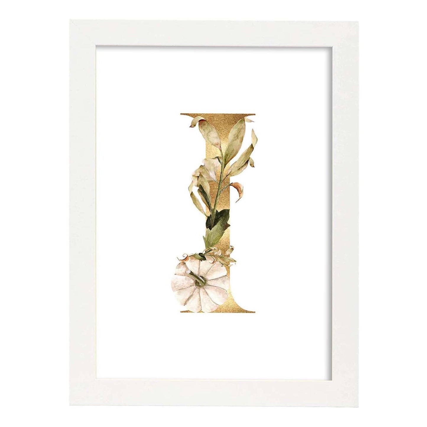 Poster de letra I. Lámina estilo Dorado Floral con imágenes del alfabeto.-Artwork-Nacnic-A3-Marco Blanco-Nacnic Estudio SL
