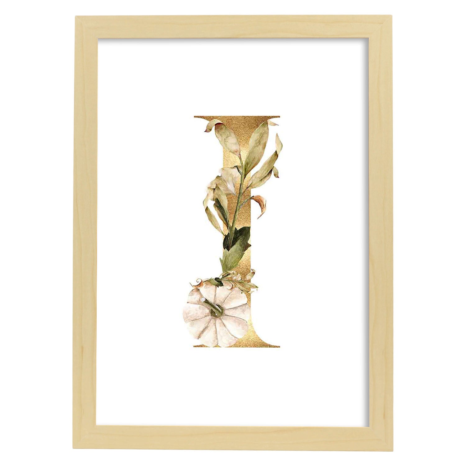 Poster de letra I. Lámina estilo Dorado Floral con imágenes del alfabeto.-Artwork-Nacnic-A3-Marco Madera clara-Nacnic Estudio SL