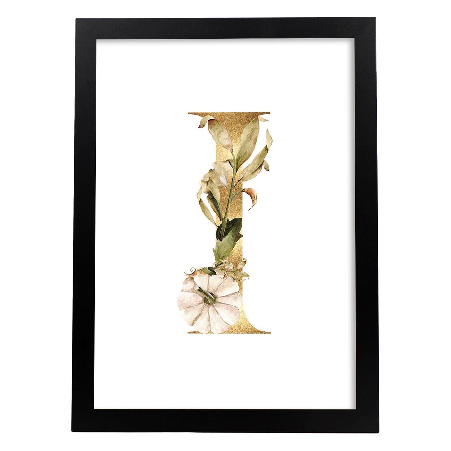 Poster de letra I. Lámina estilo Dorado Floral con imágenes del alfabeto.-Artwork-Nacnic-A3-Marco Negro-Nacnic Estudio SL
