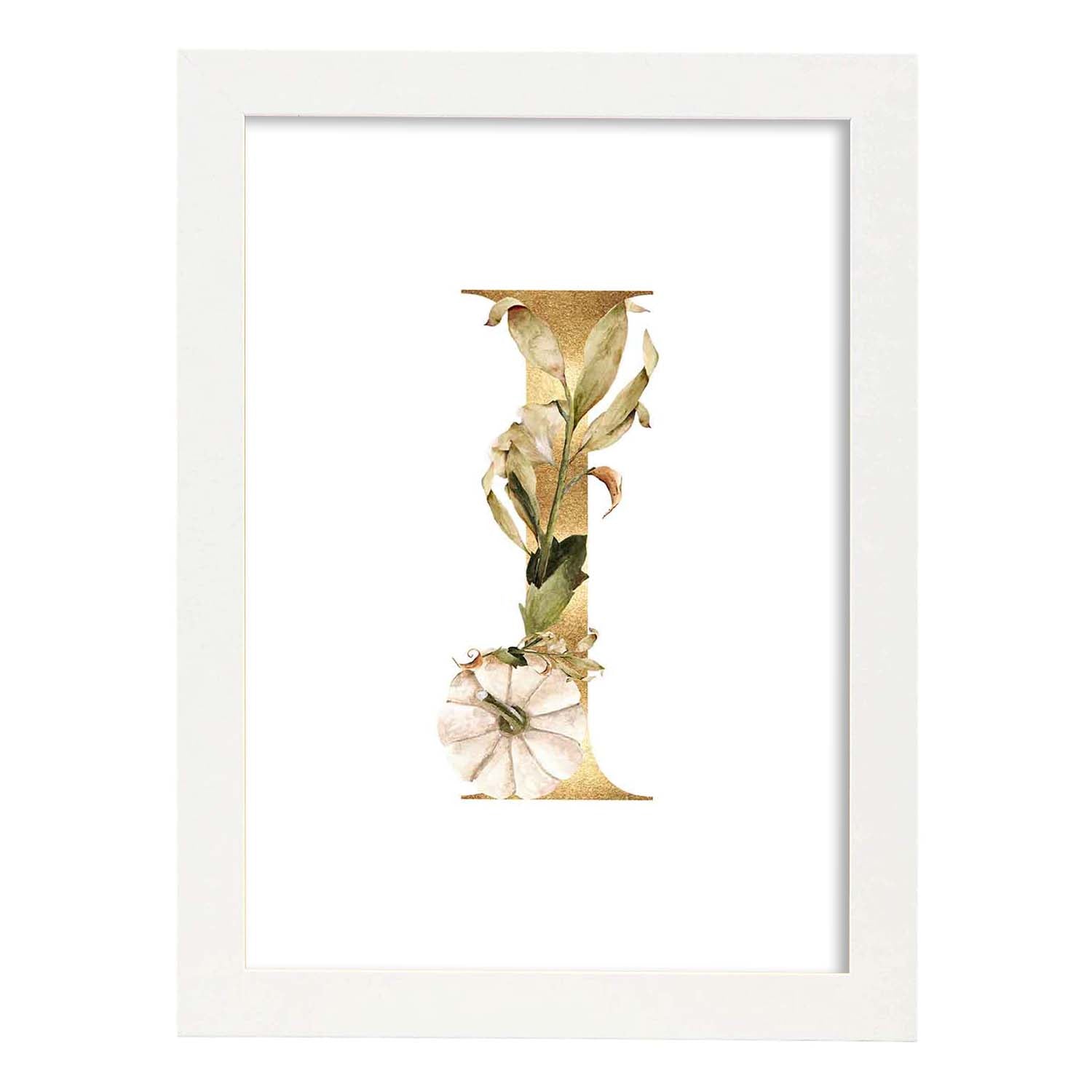 Poster de letra I. Lámina estilo Dorado Floral con imágenes del alfabeto.-Artwork-Nacnic-A4-Marco Blanco-Nacnic Estudio SL