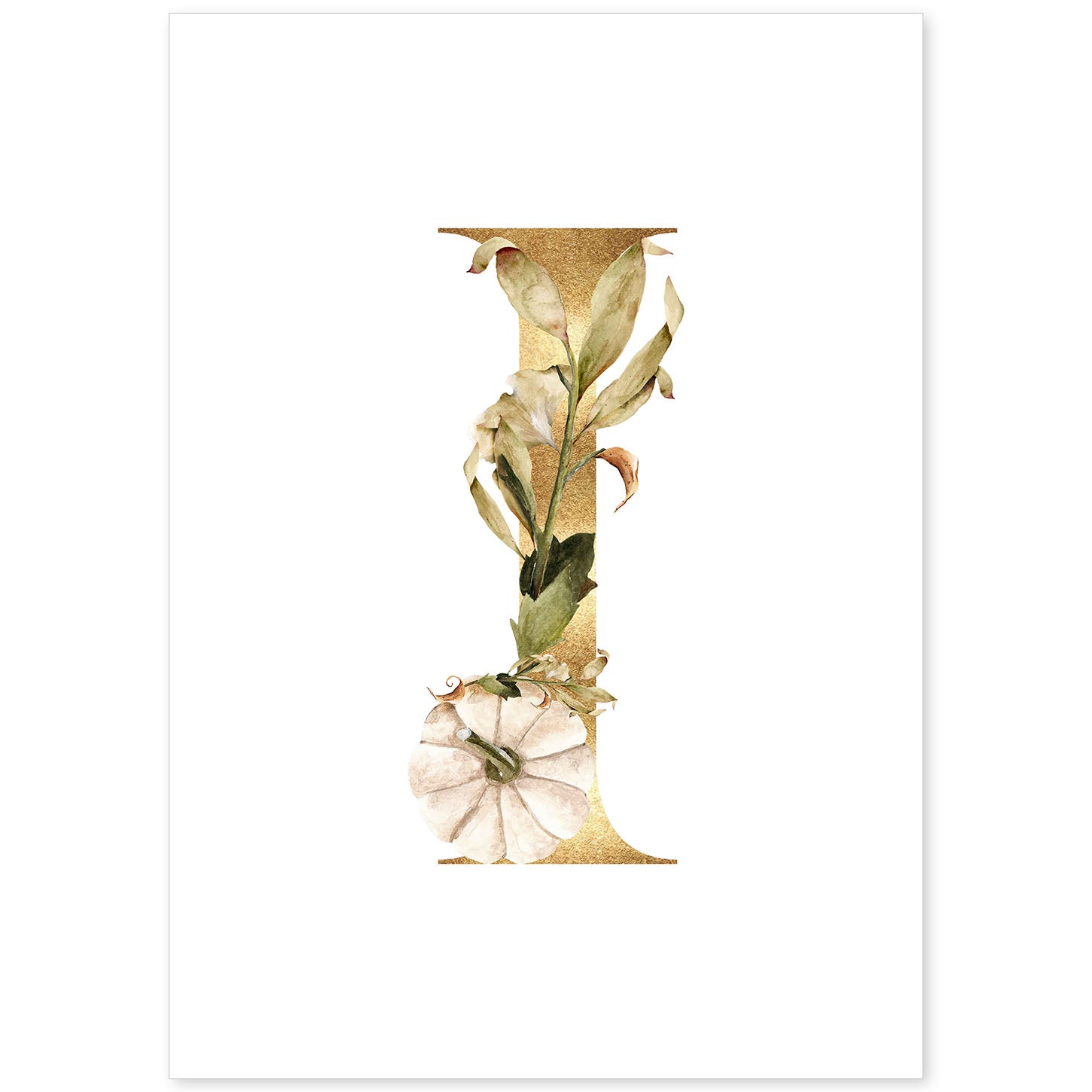 Poster de letra I. Lámina estilo Dorado Floral con imágenes del alfabeto.-Artwork-Nacnic-A4-Sin marco-Nacnic Estudio SL
