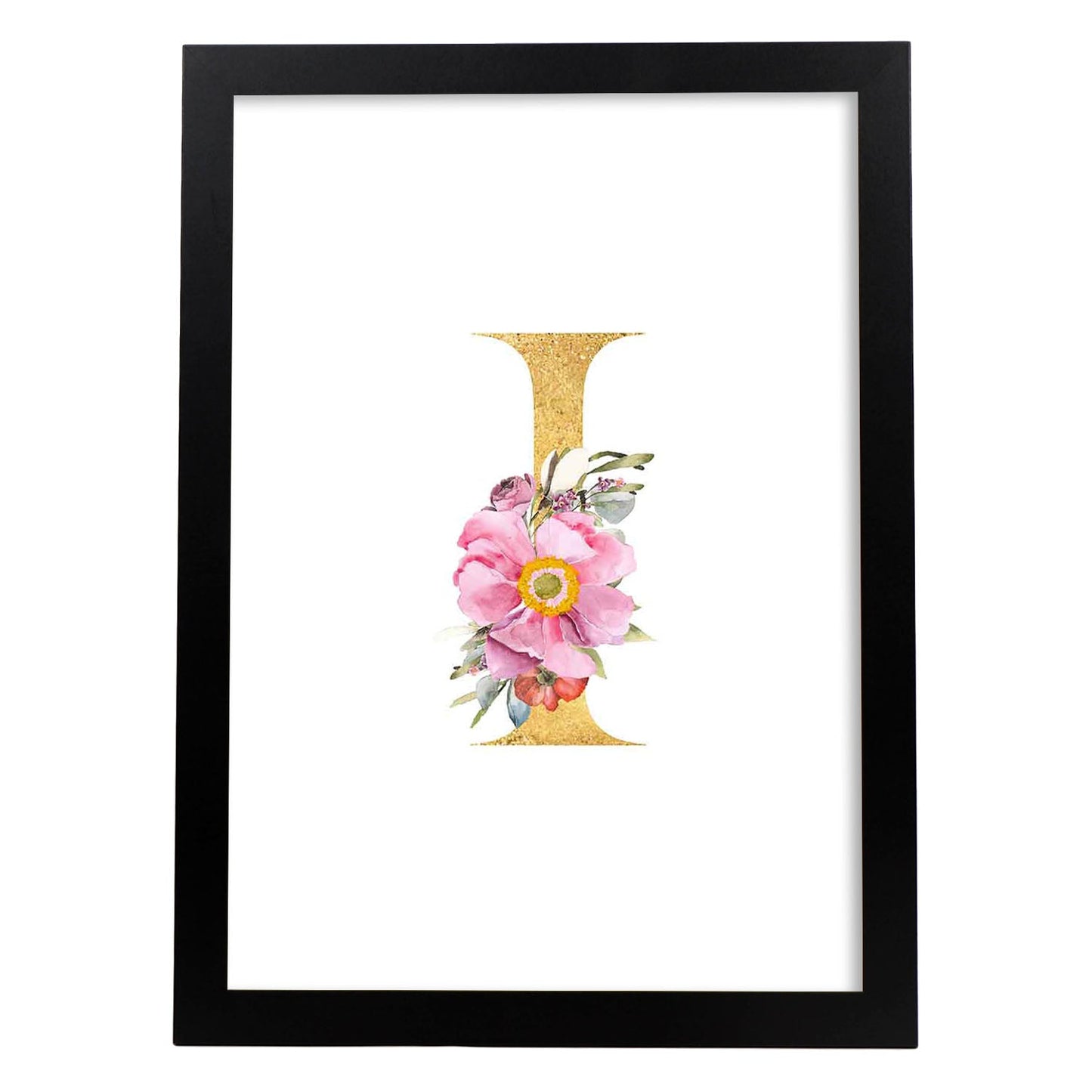 Poster de letra I. Lámina estilo Dorado Rosa con imágenes del alfabeto.-Artwork-Nacnic-A3-Marco Negro-Nacnic Estudio SL