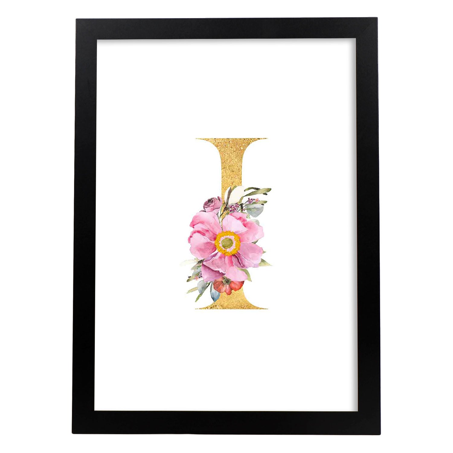 Poster de letra I. Lámina estilo Dorado Rosa con imágenes del alfabeto.-Artwork-Nacnic-A4-Marco Negro-Nacnic Estudio SL