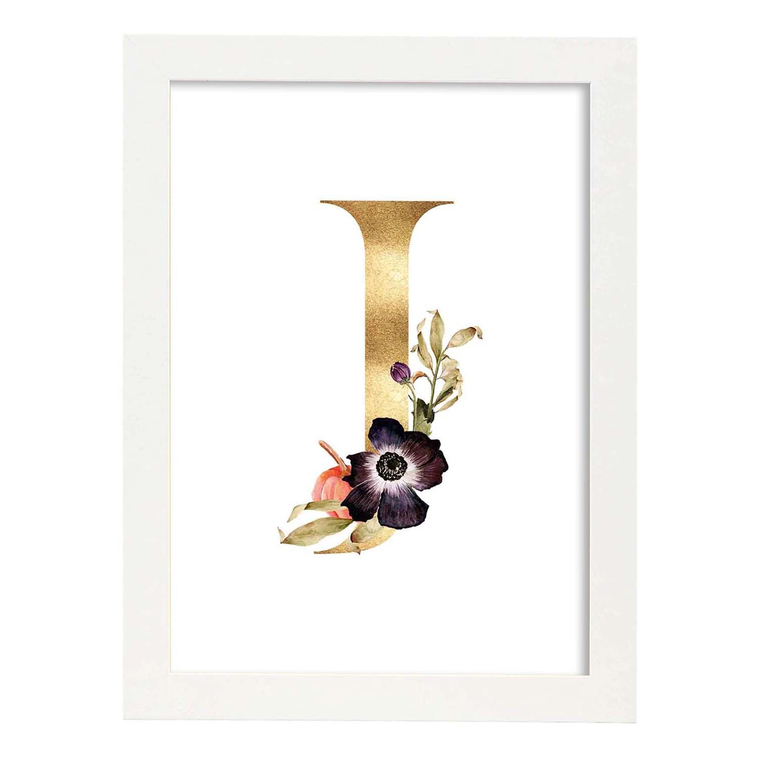 Poster de letra J. Lámina estilo Dorado Floral con imágenes del alfabeto.-Artwork-Nacnic-A3-Marco Blanco-Nacnic Estudio SL