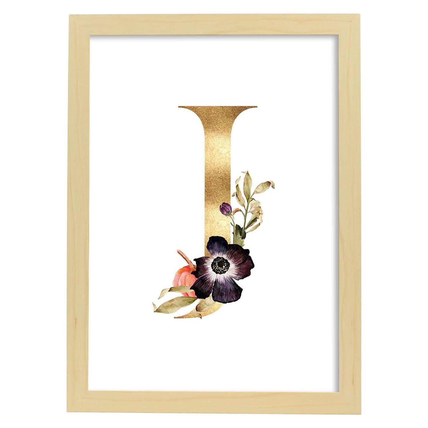 Poster de letra J. Lámina estilo Dorado Floral con imágenes del alfabeto.-Artwork-Nacnic-A3-Marco Madera clara-Nacnic Estudio SL