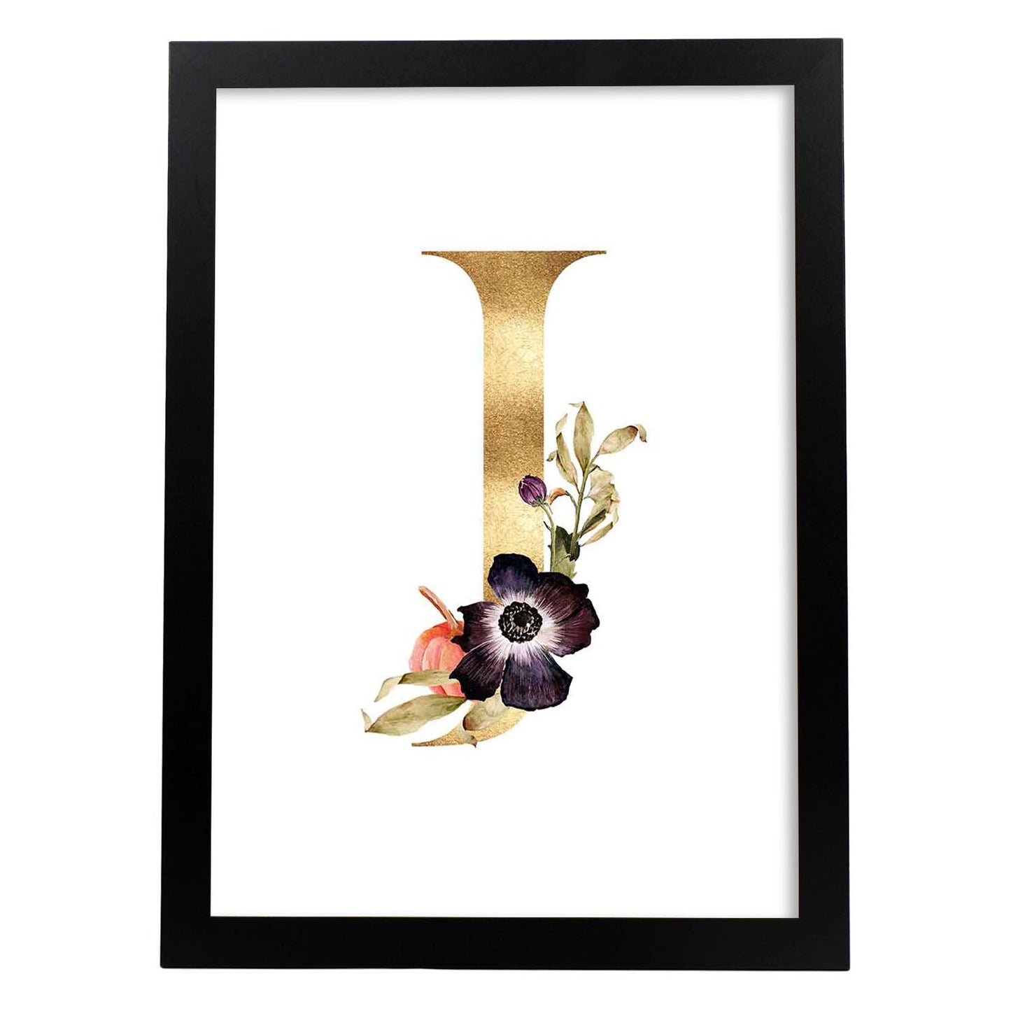Poster de letra J. Lámina estilo Dorado Floral con imágenes del alfabeto.-Artwork-Nacnic-A3-Marco Negro-Nacnic Estudio SL