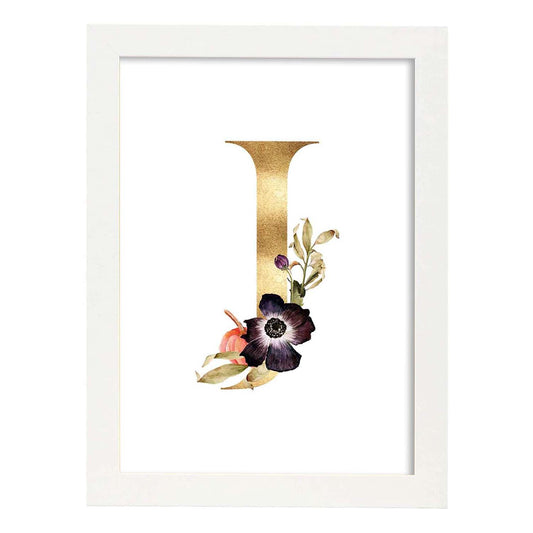 Poster de letra J. Lámina estilo Dorado Floral con imágenes del alfabeto.-Artwork-Nacnic-A4-Marco Blanco-Nacnic Estudio SL