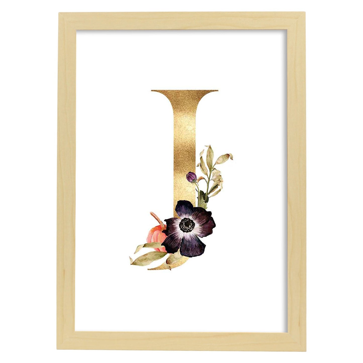 Poster de letra J. Lámina estilo Dorado Floral con imágenes del alfabeto.-Artwork-Nacnic-A4-Marco Madera clara-Nacnic Estudio SL