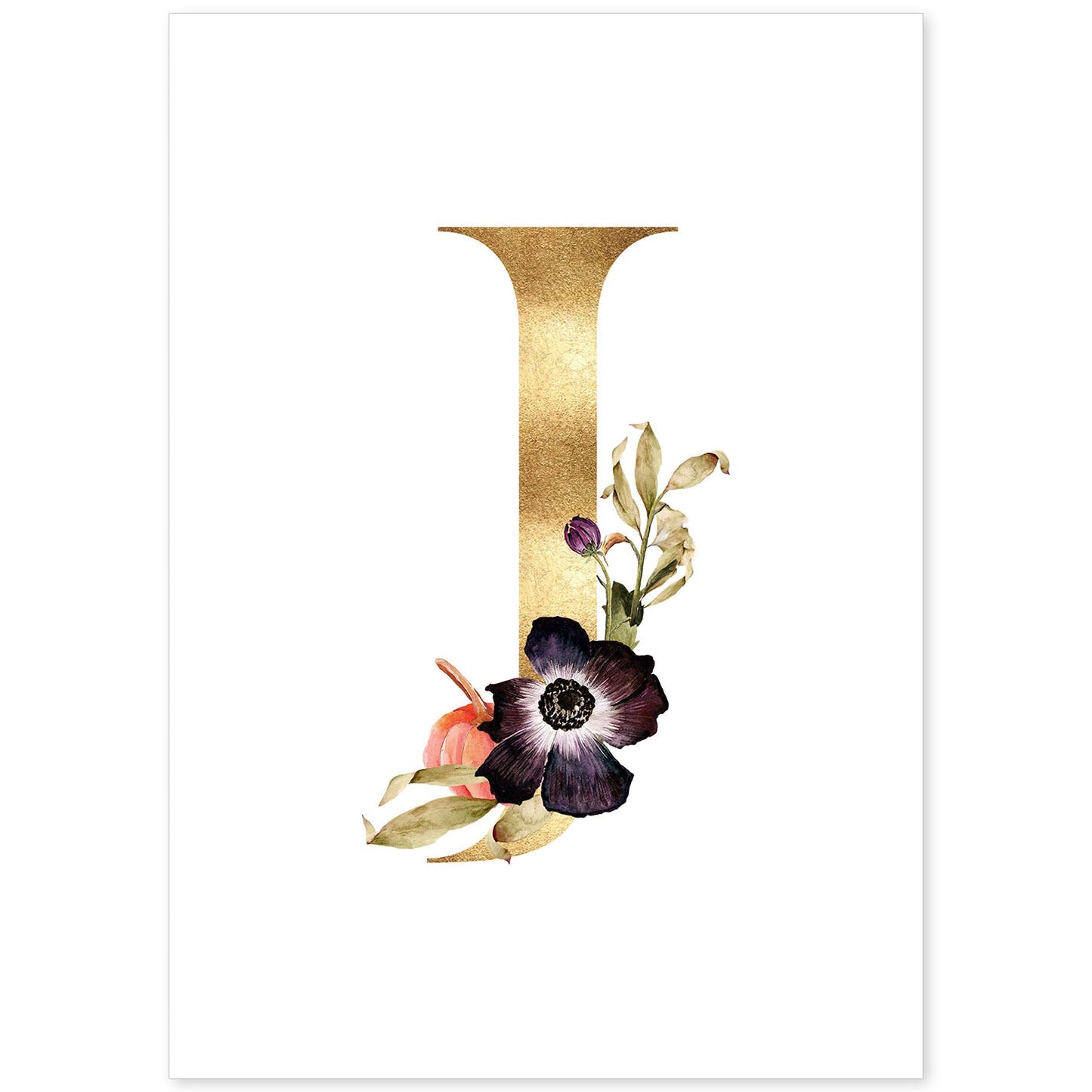 Poster de letra J. Lámina estilo Dorado Floral con imágenes del alfabeto.-Artwork-Nacnic-A4-Sin marco-Nacnic Estudio SL