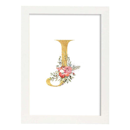 Poster de letra J. Lámina estilo Dorado Rosa con imágenes del alfabeto.-Artwork-Nacnic-A4-Marco Blanco-Nacnic Estudio SL