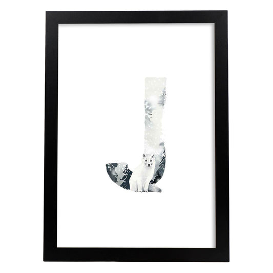 Poster de letra J. Lámina estilo Invierno con imágenes del alfabeto.-Artwork-Nacnic-A4-Marco Negro-Nacnic Estudio SL