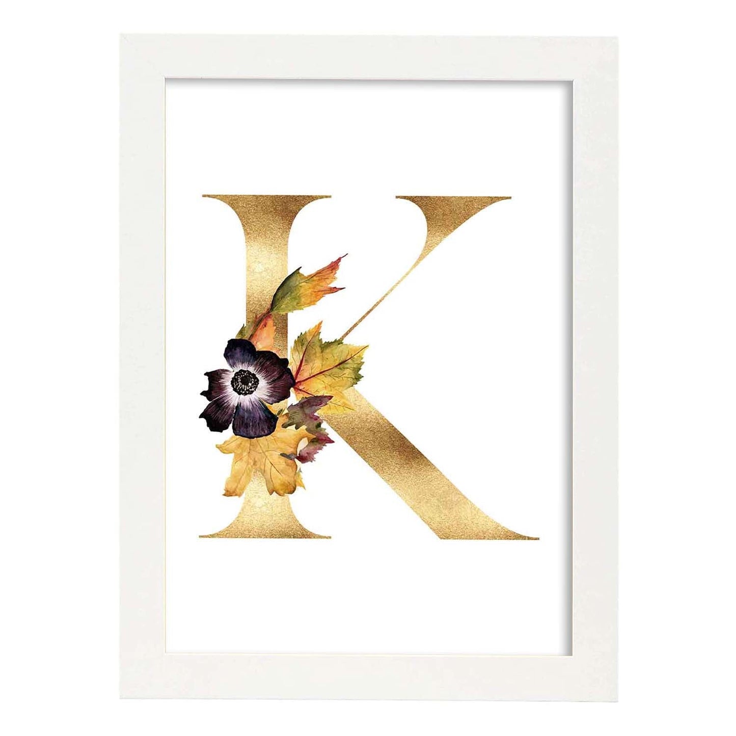 Poster de letra K. Lámina estilo Dorado Floral con imágenes del alfabeto.-Artwork-Nacnic-A3-Marco Blanco-Nacnic Estudio SL