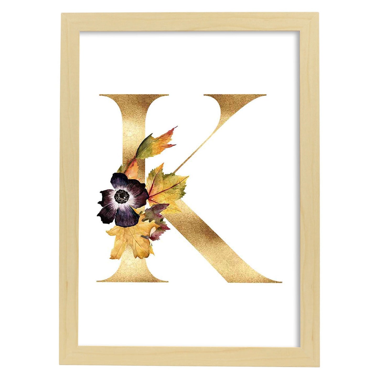 Poster de letra K. Lámina estilo Dorado Floral con imágenes del alfabeto.-Artwork-Nacnic-A3-Marco Madera clara-Nacnic Estudio SL
