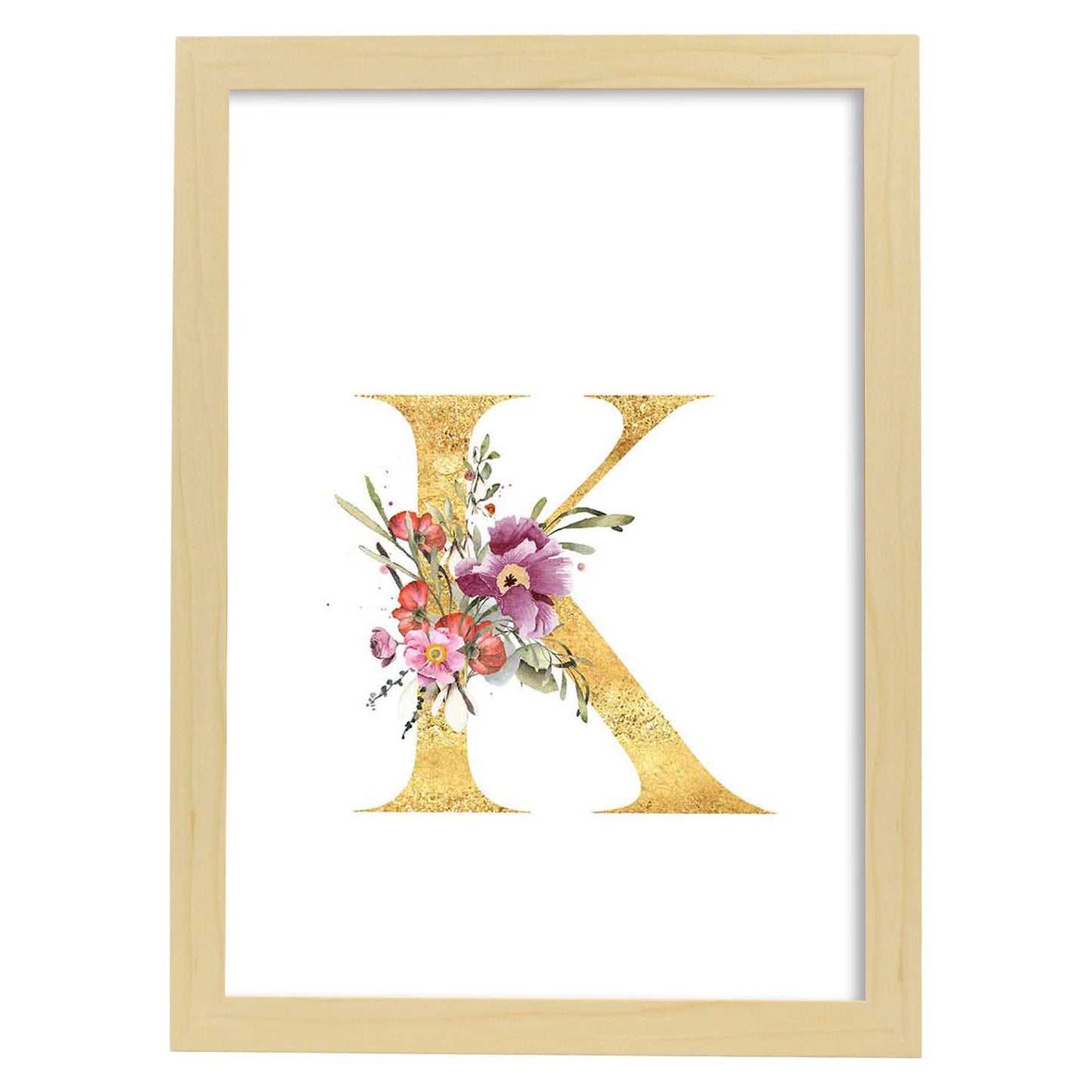 Poster de letra K. Lámina estilo Dorado Rosa con imágenes del alfabeto.-Artwork-Nacnic-A3-Marco Madera clara-Nacnic Estudio SL