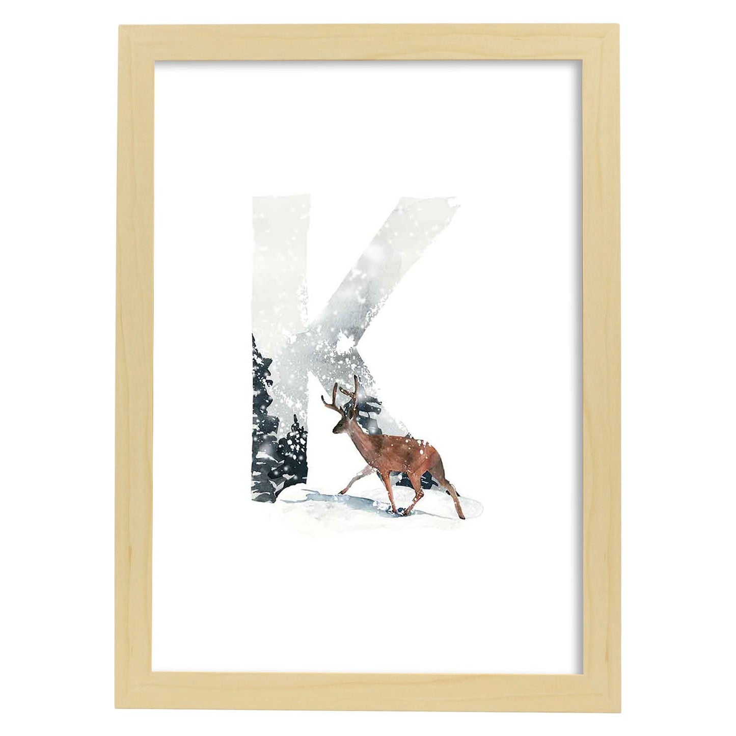 Poster de letra K. Lámina estilo Invierno con imágenes del alfabeto.-Artwork-Nacnic-A3-Marco Madera clara-Nacnic Estudio SL