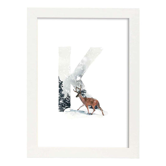 Poster de letra K. Lámina estilo Invierno con imágenes del alfabeto.-Artwork-Nacnic-A4-Marco Blanco-Nacnic Estudio SL