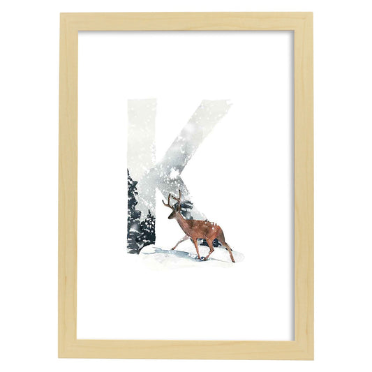 Poster de letra K. Lámina estilo Invierno con imágenes del alfabeto.-Artwork-Nacnic-A4-Marco Madera clara-Nacnic Estudio SL